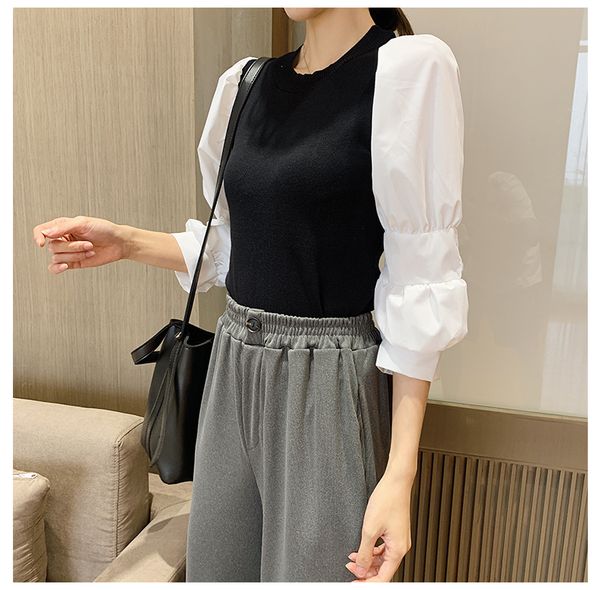 

o-образным вырезом свитер пуловер женщины лоскутное три четверти слоеного рукав свитер рубашки сладкий трикотажные топы для девочек, White;black