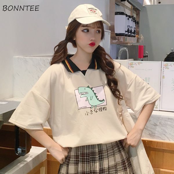 

t-shirts women korean style trendy loose all-match breathable leisure comfortable turn-down collar students girls, White