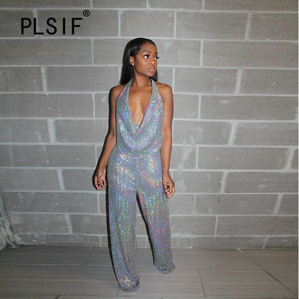 

women's jumpsuits & rompers fashion shiny sequined design lady hanging neck deep v-neck club party sparkly overall, Black;white