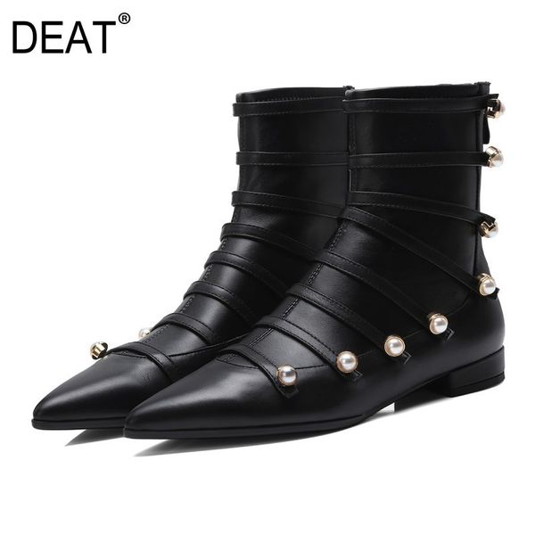 

deat] 2019 new spring summer black sharp toe bandage back zipper pearled pu leather single shoes women boots fashion 10sj046