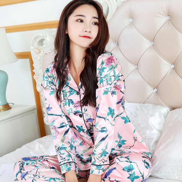 

2019 satin sleepwear suit women silk pajamas sets 2 pieces long sleeve casual nightwear pyjama femme home wear, Blue;gray