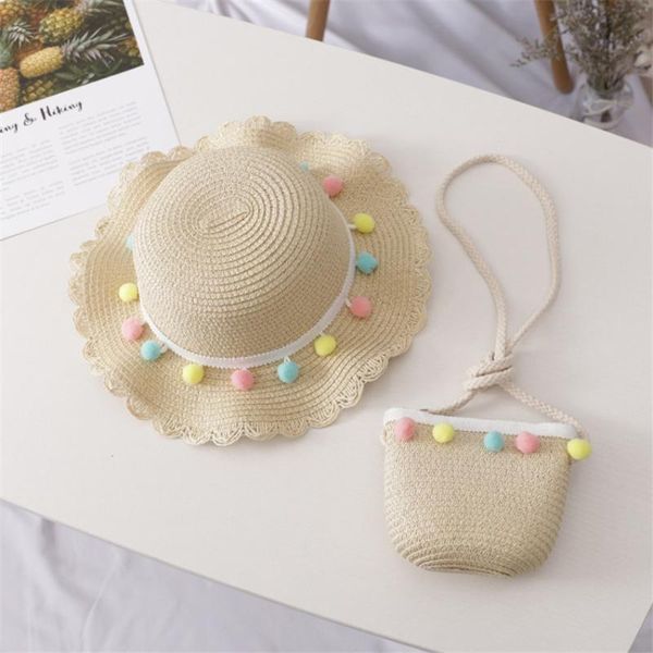 

2 piece korean girls cute sun hat summer boho colorful ball straw hat beach outdoor panama hats sunscreen cap holiday boho, Yellow