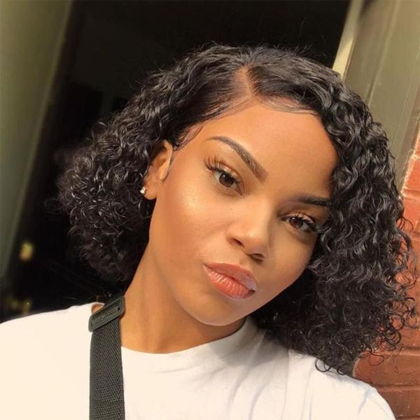

amanda malaysian hair kinky curly bob wigs13x4 lace front wig human hair preplucked middle part 8-16" 150% density natural color, Black;brown