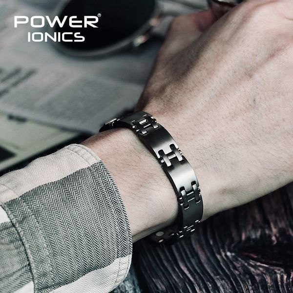 

power ionics 100% pure titanium w/ ndfeb neodymium magnetic therapy men wtristband bracelet pt062, Golden;silver