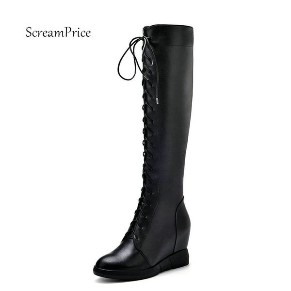 

female genuine leather comfort height increasing knee high boots fashion zipper pointed toe winter women shoes black red