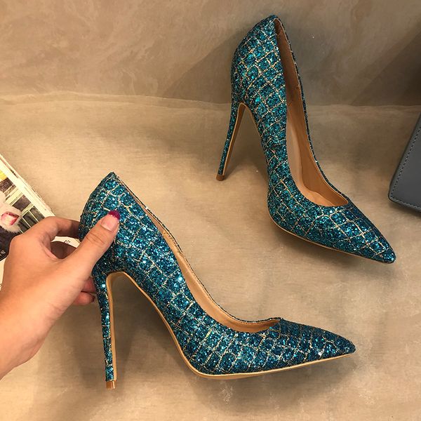 

casual designer lady fashion women pumps blue glitter stripe point toe high heels shoes pumps 12cm 10cm 8cm brand new, Black