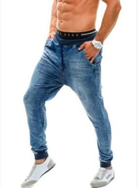 

mens high waist jeans casual loose harem pants elastic waist washed denim blue pantalones