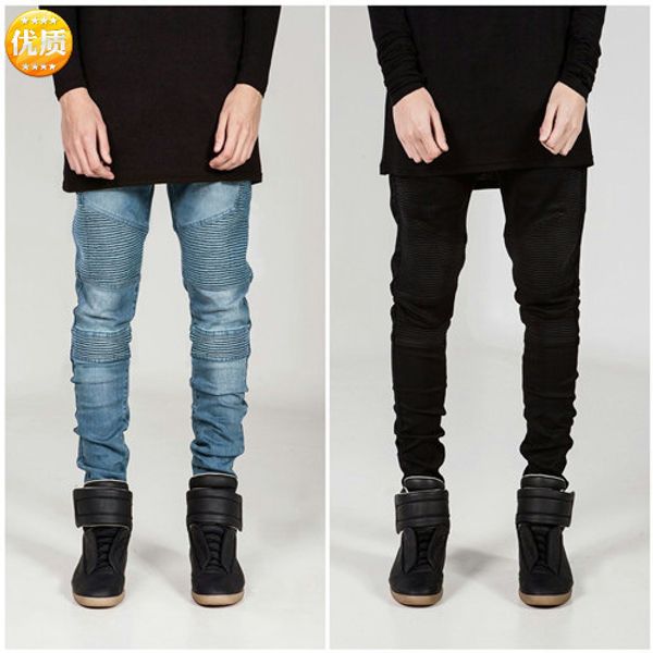 

strech men jeans pleated denim trousers men ripped jeans homme, Blue