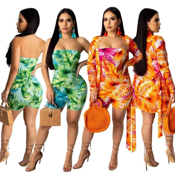 

florals printed women jumpsuits sets 2020 summer holidays fashion long sleeves coat and rompers two pieces party beach cardigan, White