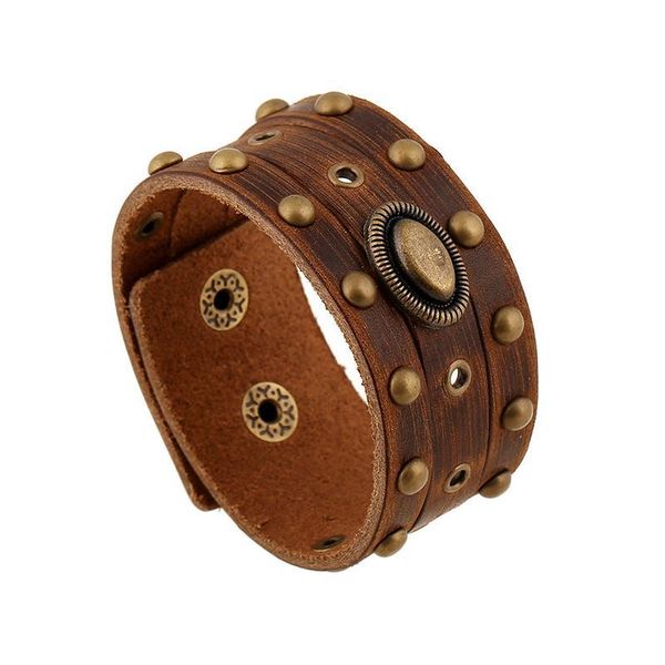 

fashion jewelry hologram bracelets rock bikers wide bangle rivet brown leather men casual vintage bileklik for costume accessory, Golden;silver