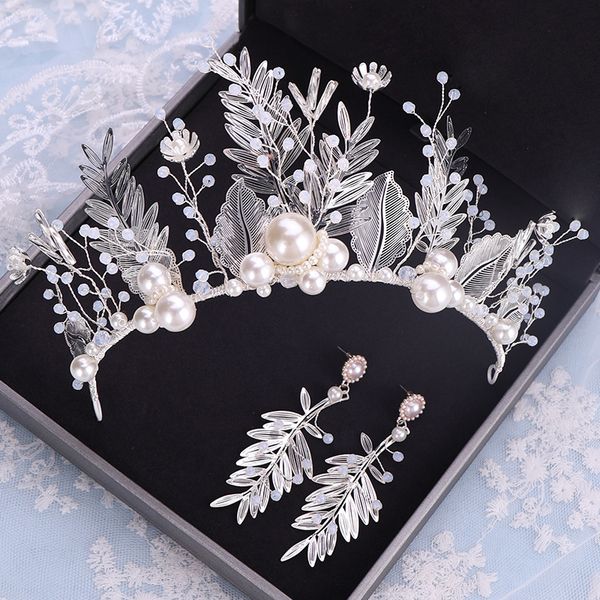 

silver color pearl tiara leaf wedding hair jewelry women head decoration bridal crystal hair ornament set, Golden;white