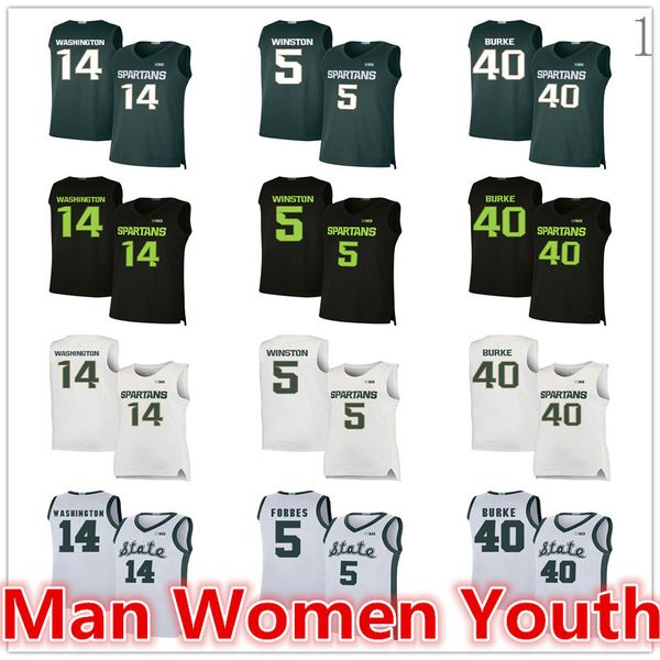 

custom made ncaa michigan state spartans basketball jerseys braden burke 40 brock washington 14 cassius winston 5 any name number size s-5xl, Black