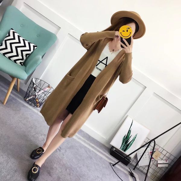 

ewq] 2019 autumn new pattern office lady style full sleeve two pockets long length solid color open stitch v collar coataf632, Black;brown
