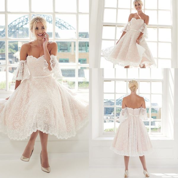 

modest ball gown house of mooshki wedding gowns off shoulder short sleeve tulle lace applique sash wedding dresses knee length bridal gown, White