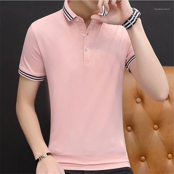 

mens designer polos striped turn down collar tees casual slim short sleeved pure color apparel fashion mens clothing, White;black