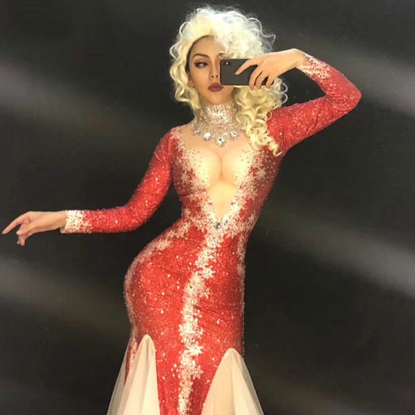 

christmas style women red dress sparkling crystals white mesh long dresses festival party stage wear singer dance costume, Black;red