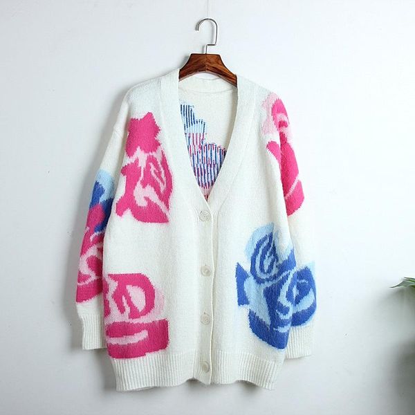 

women's cardigan sweater 2019 autumn thick v-neck cardigan rose big flower fashion casual loose long knit jacket, White;black