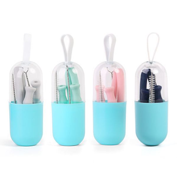 

wholesale foldable silicone straw reusable slicone straw food grade 3pcs set with storage tank box cleaning brush