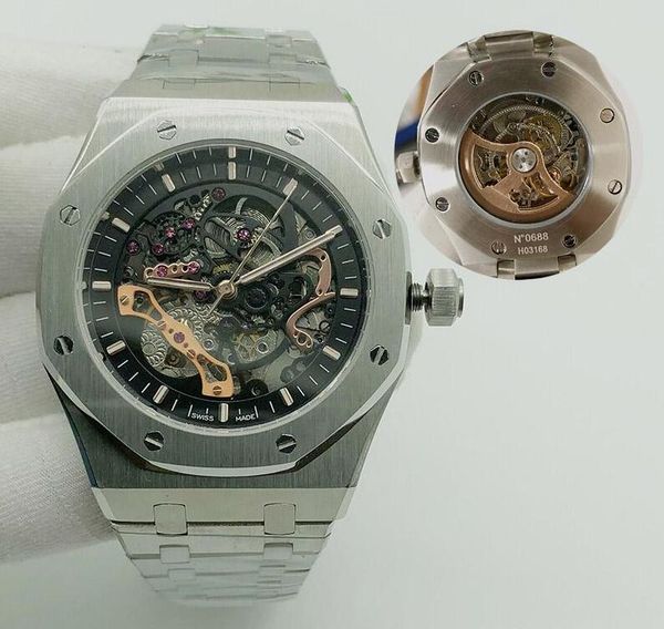 

luxury men watch automatic mechanical hollow watches classic style 42mm full stainless steel strap 5 atm waterproof sapphire super luminous, Slivery;brown