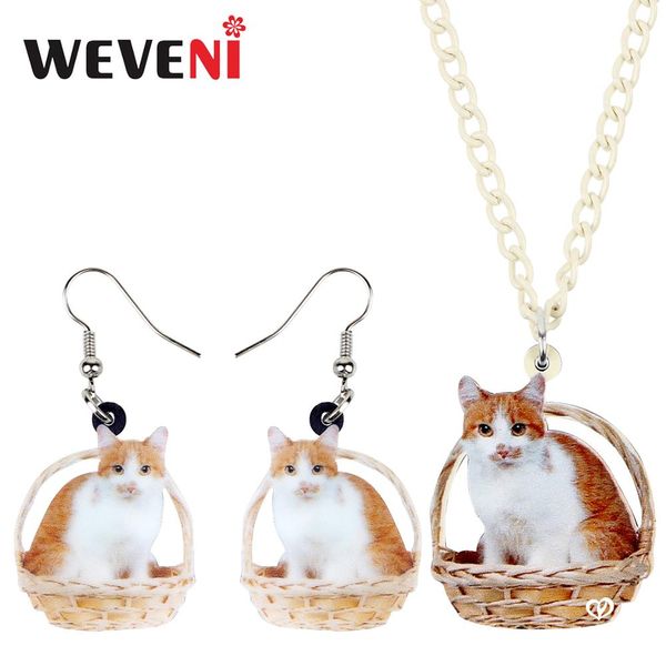 

weveni acrylic elegant basket cat kitten necklace earrings jewelry sets sweet pets girl teens fashion accessory charm party gift, Silver