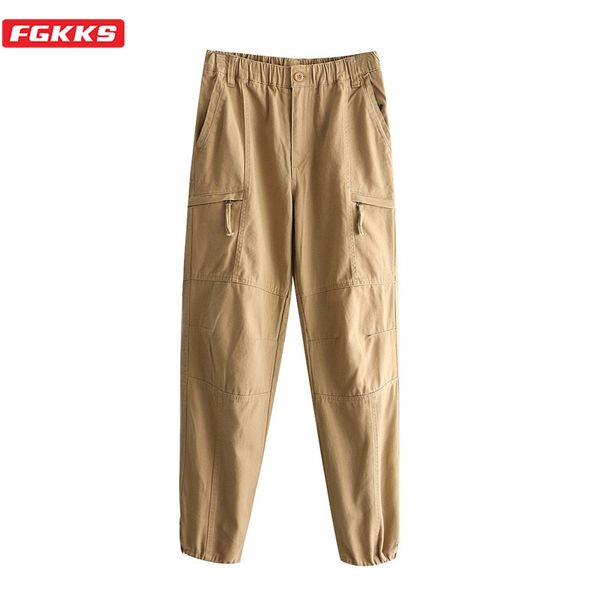 

fgkks brand men fashion cargo pants high street men's solid trend ankle-length pants multi-pocket casual straight male, Black