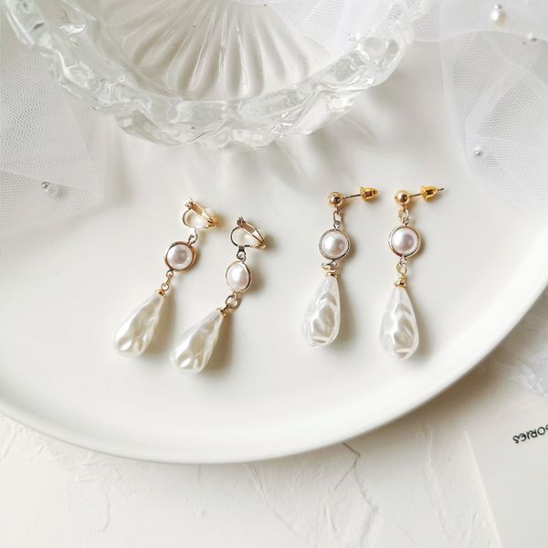 

vintage baroque imitation pearls clips earring without hole piercing water drop pearls clip on earrings no pierced ears elegant, Silver
