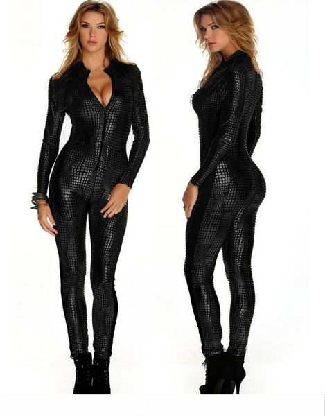 

wholesale- jumpsuit for women vinyl leather jumpsuit 2015 new black sliver gold leather bodysuit w207980, Black;white