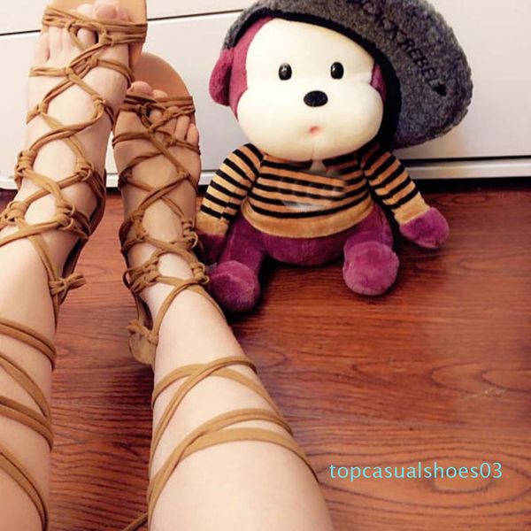 

bandage women lady heeled sandals boots flat summer shoes woman large size knee high gladiator sandals 2018 new plus size t03, Black