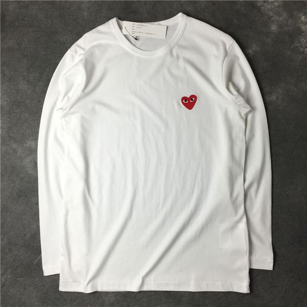 

men red heart long sleeve shirt fashion cdg plays embroidery heart t shirt men women 100% cotton casual tees couple, White;black
