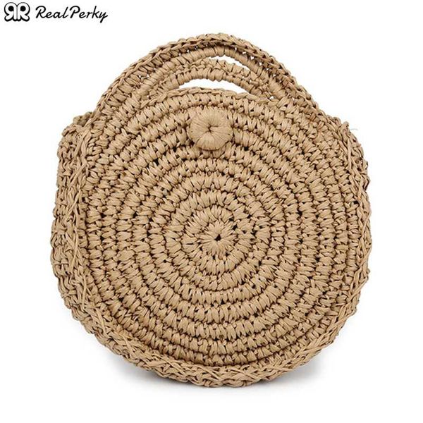 

realperky round bohemian women shoulder crossbody female casual zipper rattan beach bags ladies solid color straw bag handbags