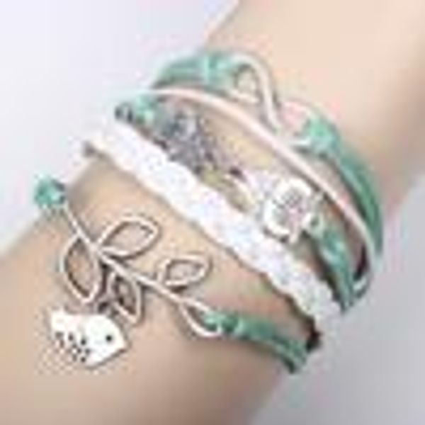 

wholesale- owls & lucky branch/leaf and lovely bird charm bracelet in silver - mint green wax cords and leather braid e-packet hip, Golden;silver