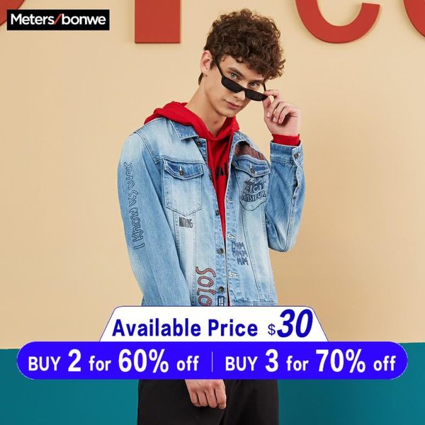 

metersbonwe denim jackets men coat casual teens fun graffiti denim jacket cotton long sleeve bomber jackets, Black;brown