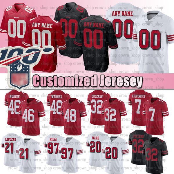

custom san francisco49ers jersey 26 tevin coleman 54 fred warner 5 chase mclaughlin 74 joe staley 17 emmanuel sanders football jerseys, Black;red
