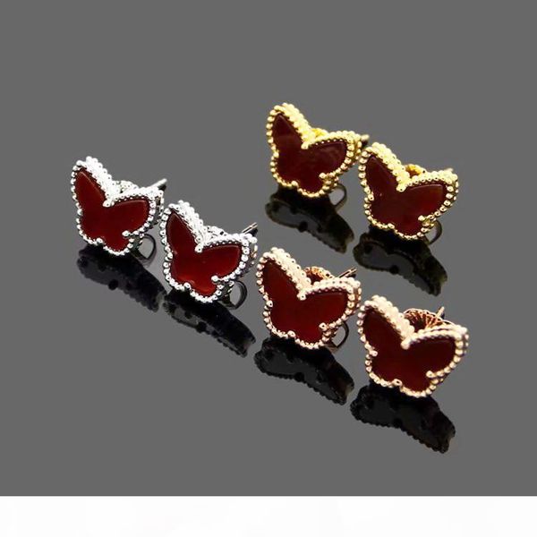 

europe america fashion lady brass onyx mother of pearl malachite carnelian mini lucky butterfly 18k plated gold earrings 3 color, Golden;silver