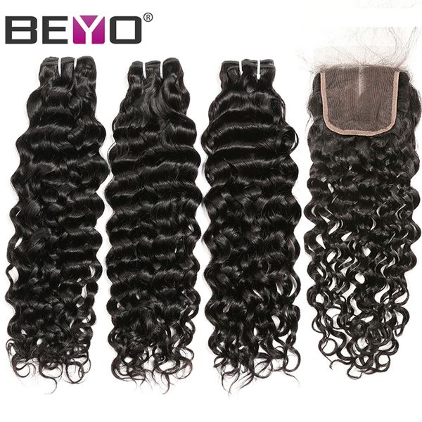 

волна воды связка с закрытием перуанского human virgin hair связка с 4x4 шнурком закрытие remy выдвижение волос natural color beyo, Black;brown
