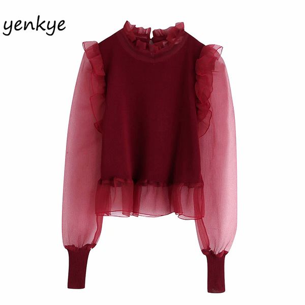 

women semi-sheer organza patchwork knitted blouse lady stand collar long sleeve streetwear crop bbwm9803, White