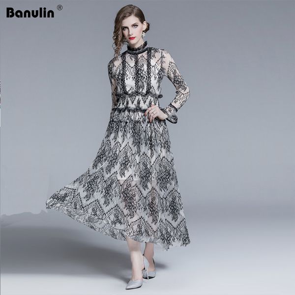 

2019 spring women new arrival vintage dress elegant long sleeve runway dress hollow out black maxi vestidos, Black;gray