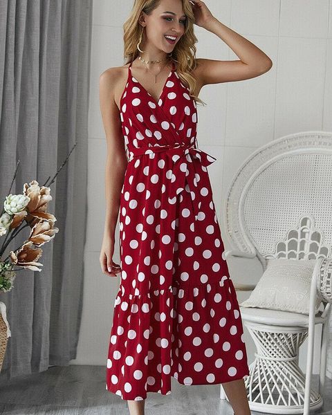 

designer polka dot printed printed v neck vintage dresses ladies condole belt dresses designer sleeveless dresses, White;black