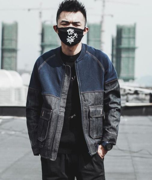 

a16 spring and autumn men's stitching denim jacket trend baseball collar slim jacket men's autumn tide, Black;brown