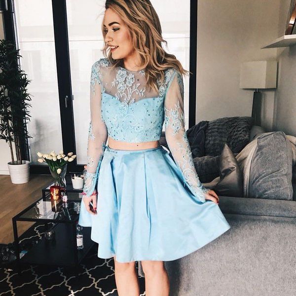 

sky blue two piece short homecoming dresses illusion long sleeves lace applique crystal prom party dress cocktail gowns, Blue;pink