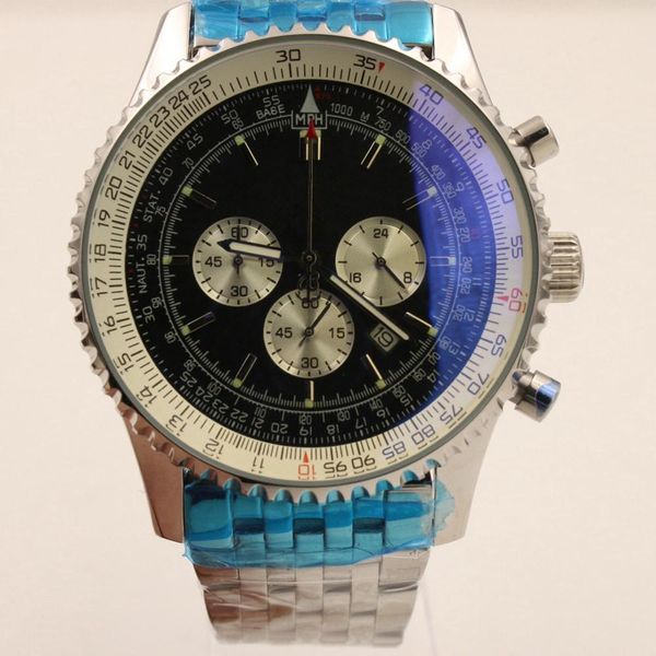 

sale men's sports watches aviation flight chronograph watch black dial stainless steel strap quartz wristwatch, Slivery;brown