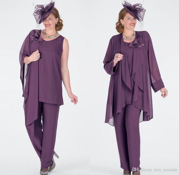 Plus Size Lavendel Mutter der Braut Kleider mit Jacke Drei Stücke Chiffon Braut Hosenanzüge Handgefertigte Blumen formelle Kleider