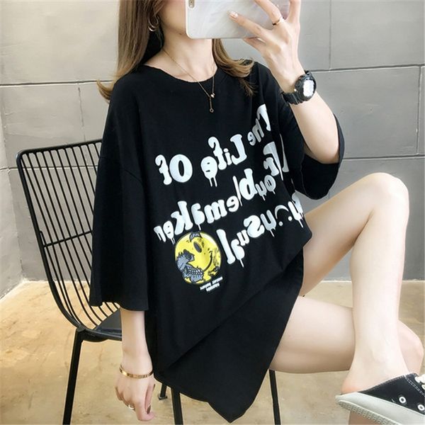 

дуань сю 2020 письмо печати свободные половина рукава harajuku стиль круглый пальто футболка топ воротник студент футболка топ женский, White