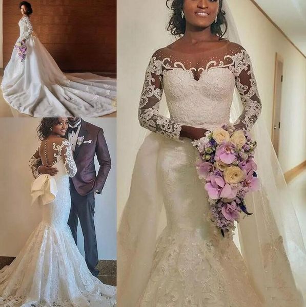 Afrikanisches Meerjungfrau-Hochzeitskleid mit langen Ärmeln und großer Schleife, bodenlang, langes Garten-Brautkleid in Übergröße nach Maß