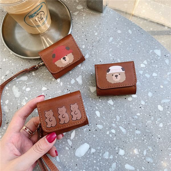 

brown bear pu leather wristlet earphone bag for apple airpods pro case cover