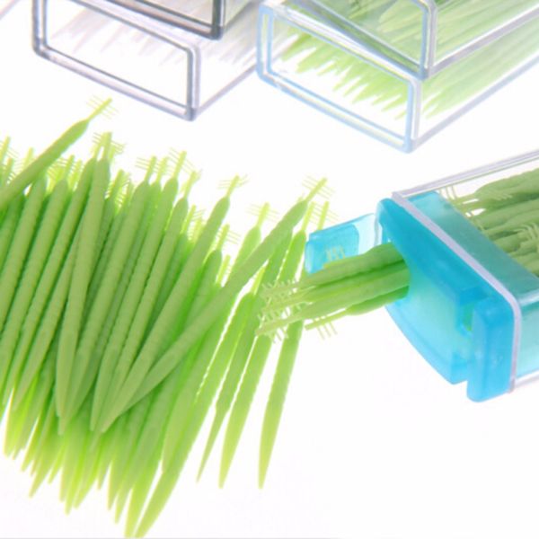 

50pcs/pack random color 2 way oral dental tooth pick plastic interdental brush toothpick with portable case