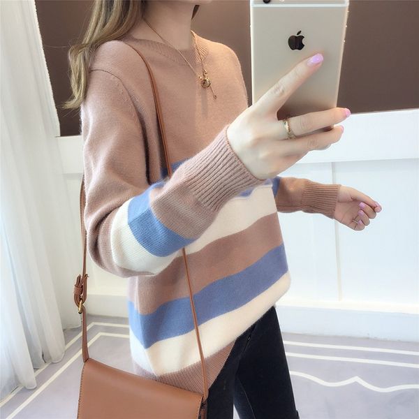 

autumn and winter sweater women loose 2019 new color matching long sleeve warm round neck student jacket jacket, White;black