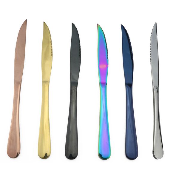 

6pcs shiny colorful stainless steel cutlery set rainbow rose sharp dinner steak knife dinnerware set table knives silverware set