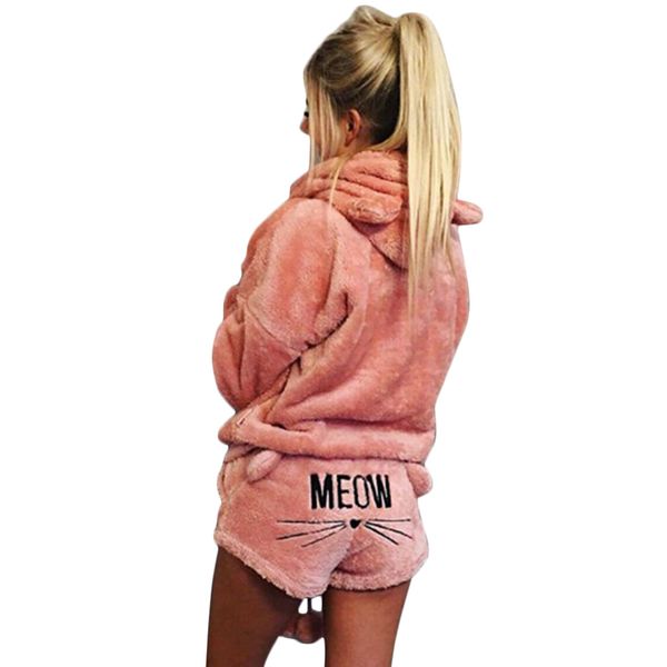 

2pcs women cute hoodie pajamas embroidery sleepwear warm cat fabala winter, Blue;gray
