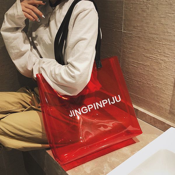 

new women's transparent letter shoulder bag large capacity handbag female fashion jelly beach bag shopping handbag plastic
